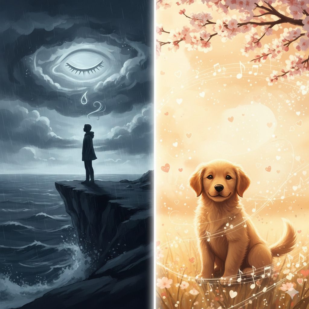 Linkerzijde: oog met tranen en zee. Donker grijze kleuren. Rechterzijde: Vrolijke kleuren met Sjef