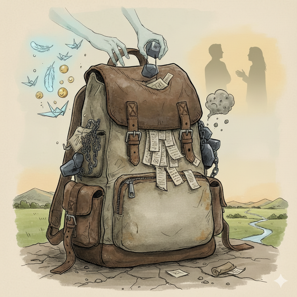 Volle rugzak waarvan alles bovenuit komt