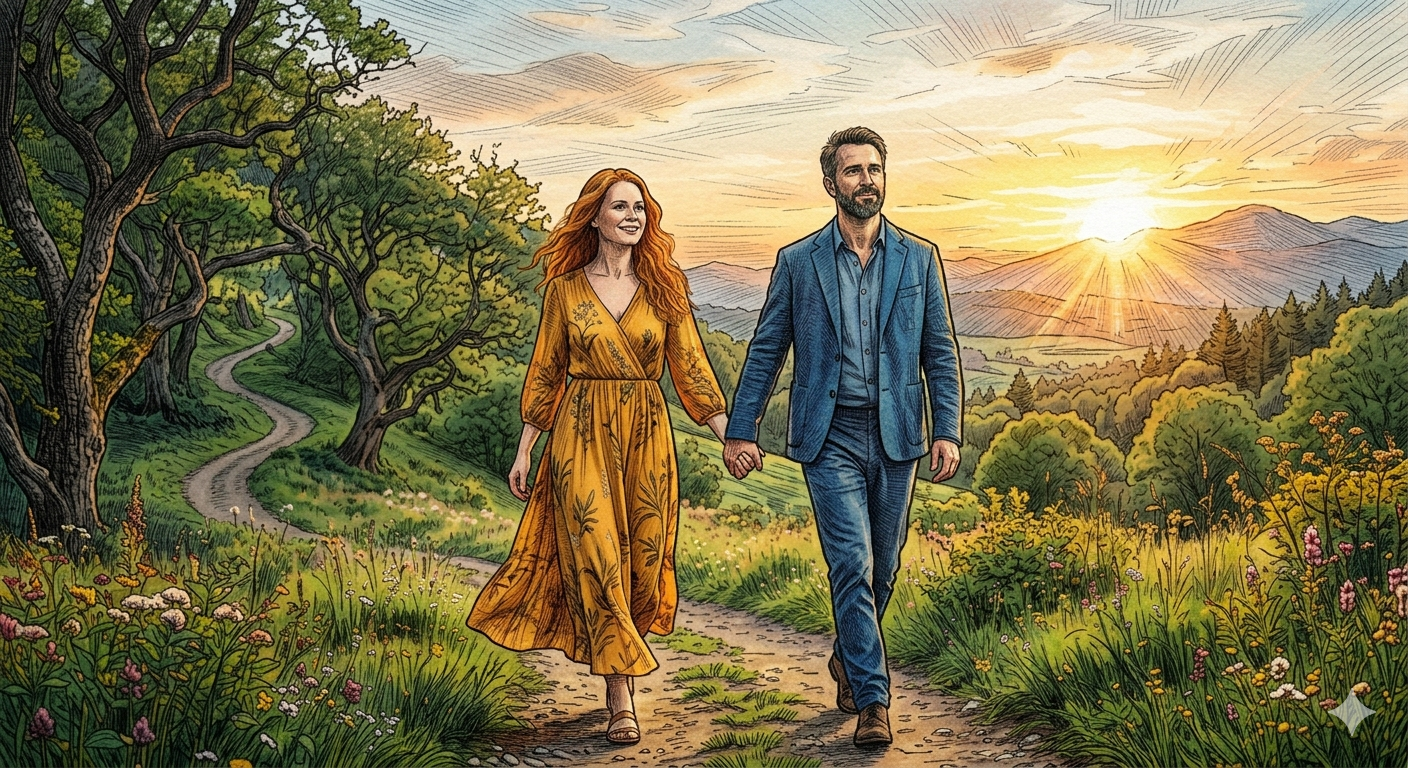 Een gedetailleerde tekening van een man in een blauw pak en een vrouw in een gele jurk die hand in hand wandelen door een zomers landschap bij zonsondergang.