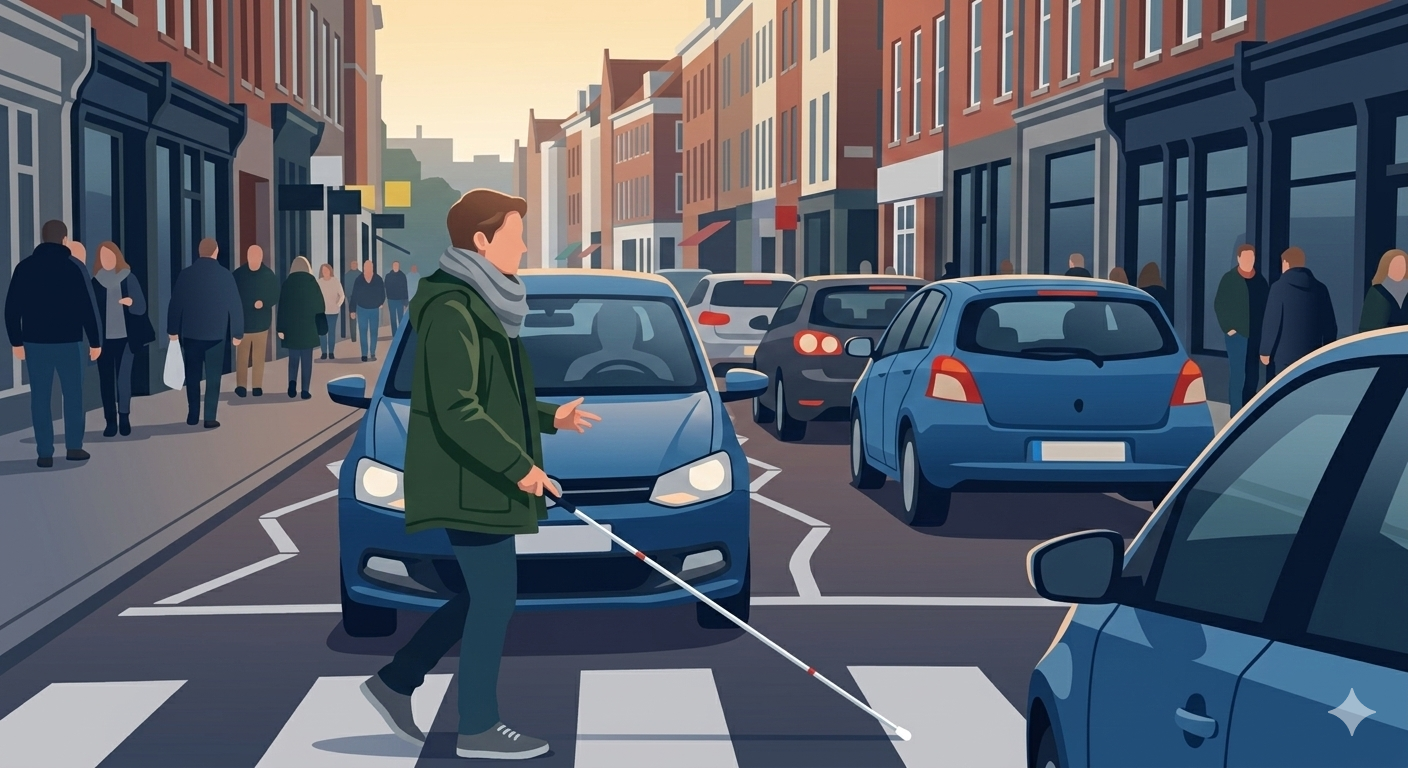 Illustratie van een persoon met een blindenstok die oversteekt in druk verkeer.